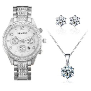 Crystal Date Watch with Solitaire Pendant & Earrings Set